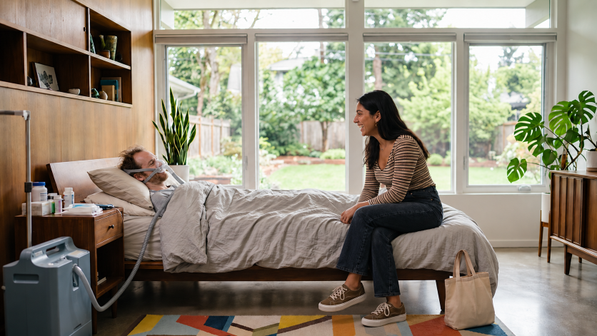 A caregiver visiting with a client in a bright home